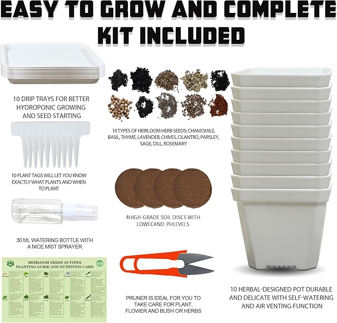 10 Herb Seeds Garden Starter Grow Kit with White Pots, Markers, Nutritional Soil, Watering, Herb Clipper, Complete Indoor Potted Plant Growing Set for Kitchen DIY