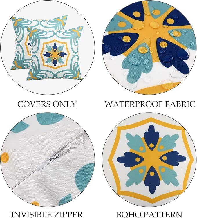 Pyonic Outdoor Waterproof Throw Pillow Covers Set of 4 Floral Printed and Boho Farmhouse Outdoor Pillow Covers for Patio Funiture Garden 18x18 Inch Blue