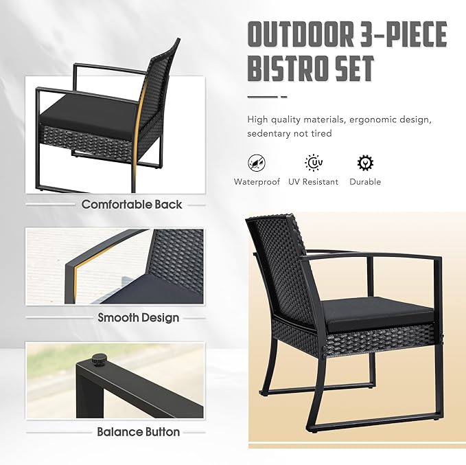Greesum 3 Pieces Outdoor Furniture Set Patio Bistro Chairs with Glass Coffee Table for Pool Beach Backyard Balcony Porch Deck Garden, Black