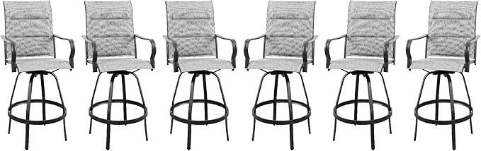 Vongrasig 6 Piece Outdoor Patio Swivel Bar Chairs, All Weather Padded Sling Textile High Top Bar Stools, Bistro Set for Backyard, Lawn Garden, Balcony, Padded Light Grey