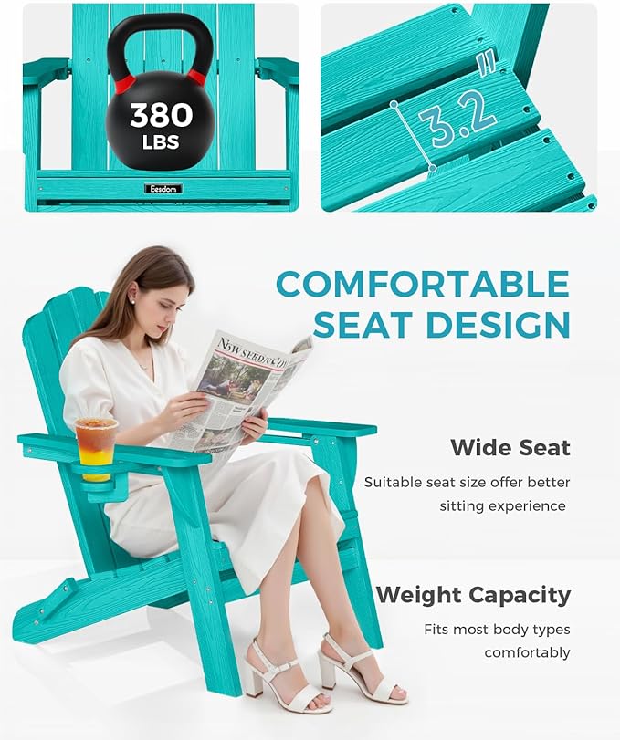 Adirondack Chairs Set of 6, HDPE Material Fire Pit Chairs, Plastic Adirondack Chairs with 2 Cup Holder, Outdoor Lawn Chair for Patio Garden，Lakeblue