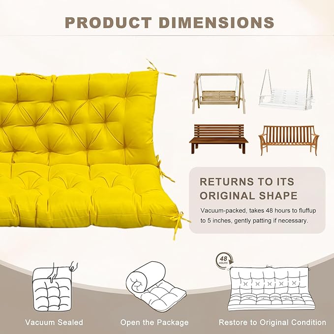 Porch Swing Cushion with Backrest, Waterproof Bench Cushion for Outdoor Furniture, 2-3 Seater Replacement Thickened Swing Cushion with Ties, Patio,Outdoor, Backyard and Garden (Yellow,60x40in)