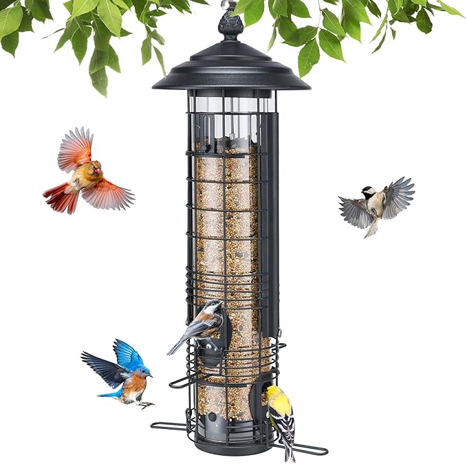 Kingsyard Squirrel Proof Bird Feeder for Outside Hanging, Weight-Activated All-Metal Wild Bird Feeders for Cardinal Finch, Detachable Base Easy to Clean, 3 LBS Capacity,Black