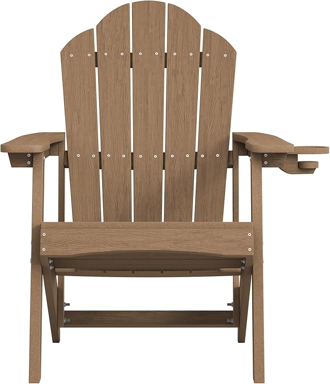 LUE BONA Wood-Grain HDPE Adirondack Chairs Set of 4 - Weather Resistant Seating with Cup Holder for Patio, Fire Pit, Deck & Vacation Rental, Brown