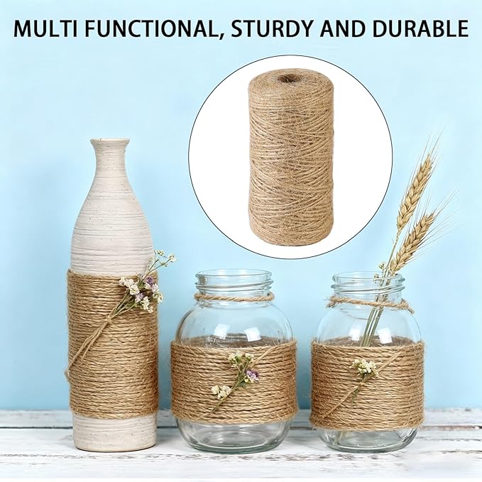1mm 328 Feet Natural Jute Twine, for Crafts Gift, Craft Projects, Wrapping, Bundling, Packing, Holiday Packaging Twine, Gardening and More, Jute Rope to Use Around The House and Garden