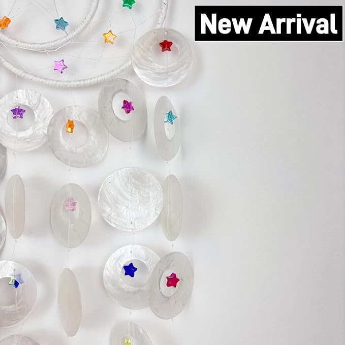 Wind Chimes for Outside Dream Catcher Colorful Stars Capiz Shell Windchime Seashell Sea Glass Beach Coastal Crafts Decor for Garden Patio Yard Unique Outdoor for Women