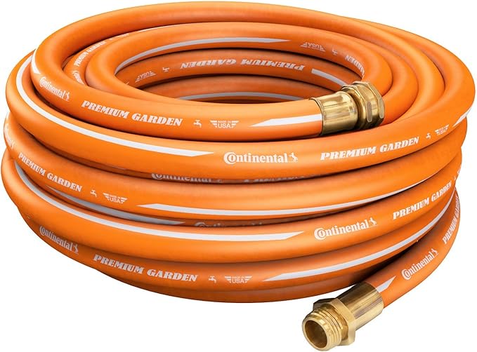 Continental Premium Garden Orange Heavy Duty Cold Water Garden Hose, 5/8in Inside Diameter x 50ft Length, Male x Female Garden Hose Thread