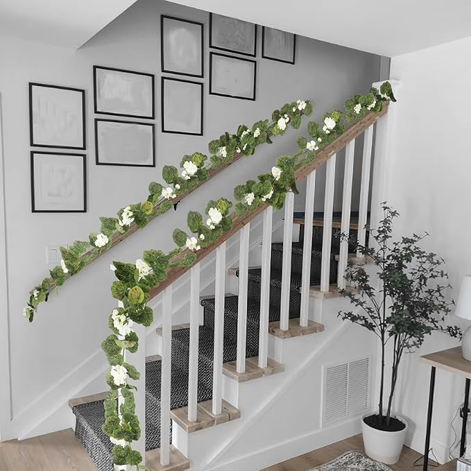 CISDUEO 2 Pcs Spring Summer Flower Garland Geranium Artificial Garland Outdoors White Geranium Artificial Flowers UV Resistant Hanging Basket Floral Garland for Porch Farmhouse Centerpiece Decor