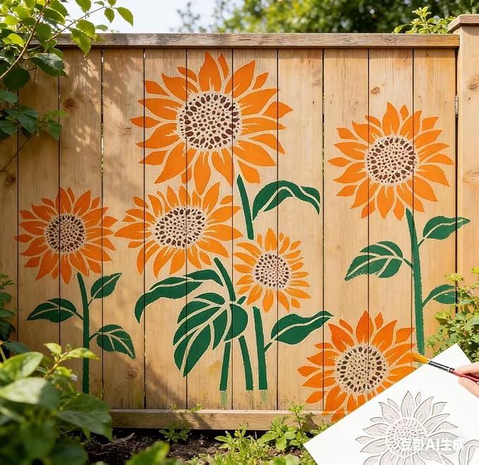 Garden Fence Large Flower Stencils - Reusable Floral Stencil DIY Decoration for Painting on Wood Walls Pattern, Jumbo Sunflower Yard Spray Paint Big Crafts Floor Stencils (A)