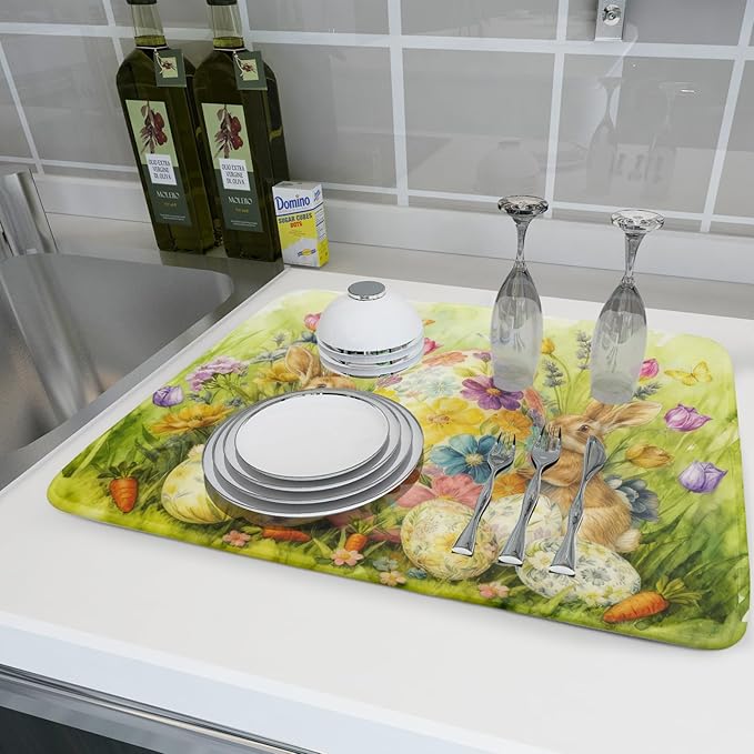 Easter Bunny Dish Drying Mat 18x24 Inch Eggs Floral Green Drying Pad for Kitchen Counter Washable
