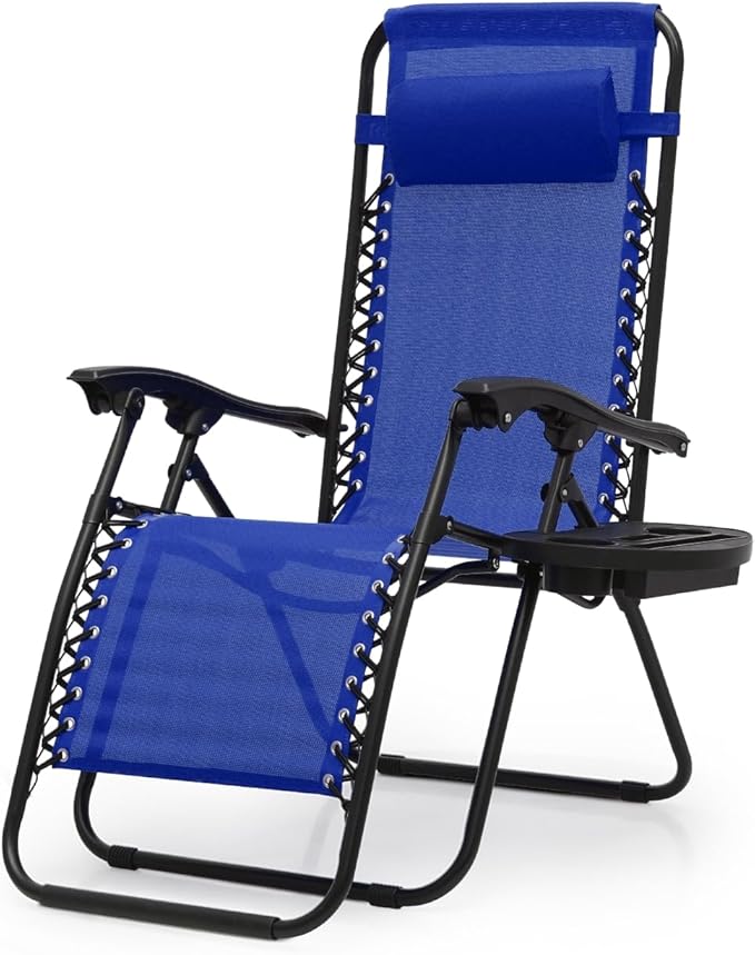 Zero Gravity Chairs, Portable Folding Reclining Lounge Chairs with Adjustable Pillow and Cup Holder Trays for Outdoor, Patio, Beach, Camping, Garden, Poolside, Royal Blue