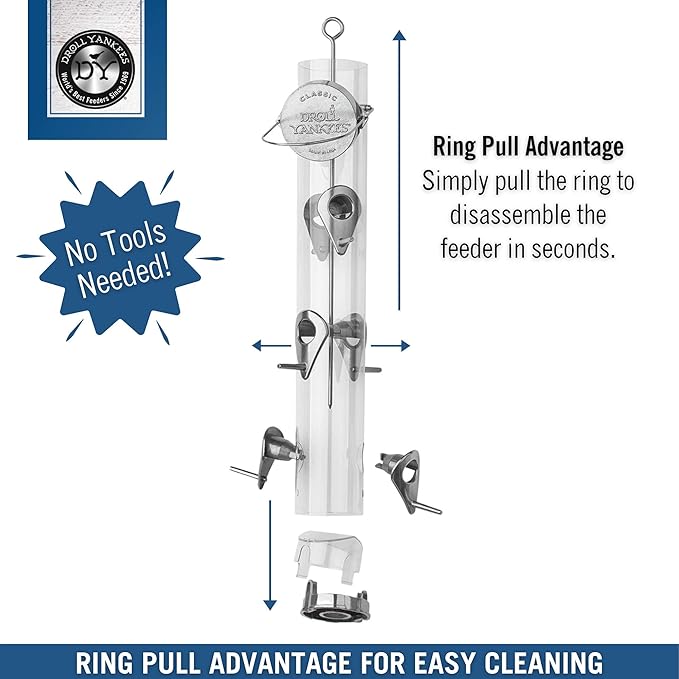 Droll Yankees Classic Sunflower or Mixed Seed Bird Feeder, Ring Pull Advantage, 6 Feeding Stations, 1 lb Bird Seed Capacity, 20-Inch