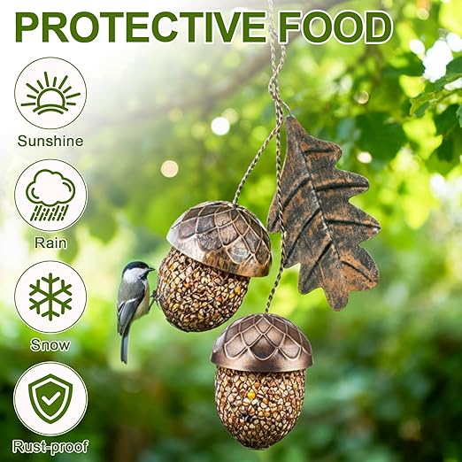 Mimorou Acorn Bird Feeder Outdoor Garden Hanging Feeding Station Sturdy Squirrel Proof Tree Bird Feeder Metal Feed Dispenser for Peanut Suet Nugget, Hanging Metal Leaf Hanger, Holds 2 Cups of Seed