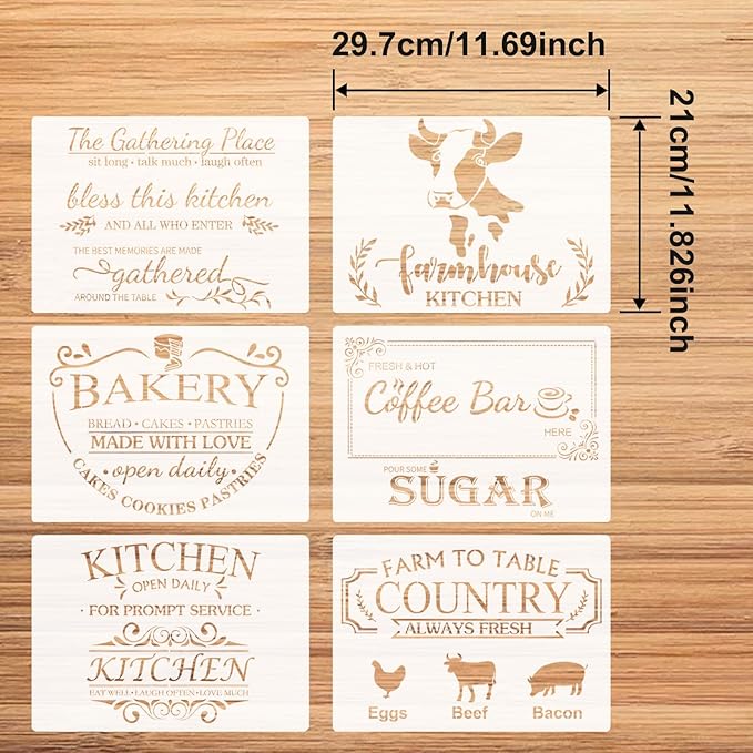 Farmhouse Kitchen Stencil for Painting on Wood,6 Pieces Farmhouse Kitchen Reusable Stencil,Bakery Sign Coffee Painting Templates for DIY Home Decor Wall Furniture