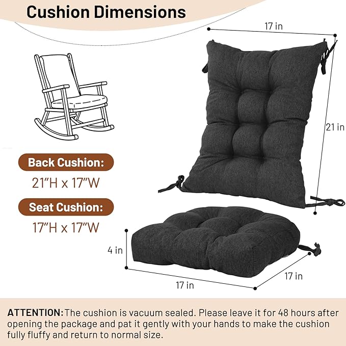 Lokex Rocking Chair Cushion 4 Inch Extra Thick, Cushions for Rocking Chairs Set of Seat and Back with Ties, Linen Fabric Indoor Outdoor Rocker, 17x21 & 17x17 Inches (Black)