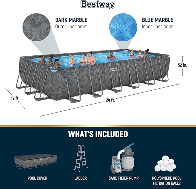 Bestway APX 365 24' x 12' x 52" Above Ground Pool, Rectangular Metal Frame Outdoor Swimming Pool Set with Sand Filter Pump, Ladder, and Cover, Dark Marble