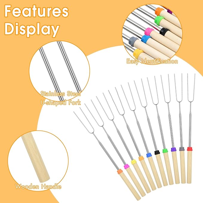 6 Pack Smores Sticks, 32 Inch Marshmallow Roasting Sticks for Fire Pit, Extendable Roasting Skewers with Bag, Hot Dog Fork, Smores Kit for Campfire Camping Essentials