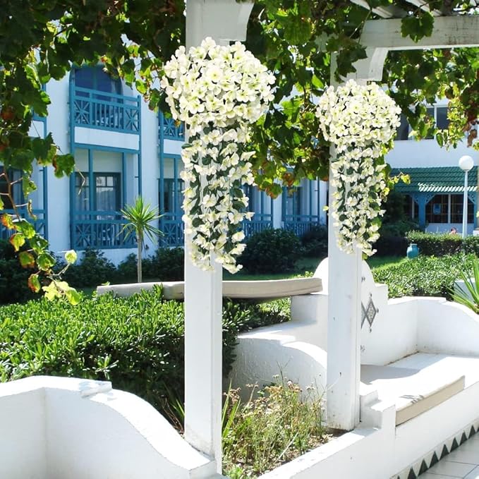 Ouddy Decor 4 Pcs Artificial Hanging Flowers Fake Hanging Plants Violet Flowers Vine Garland for Home Indoor Outdoor Garden Patio Porch Yard Wedding Decoration, White