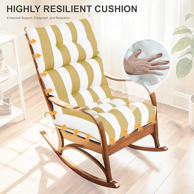 Outdoor High Back Chair Cushions 2-Pack, 44"x22"x 4" Fade-Resistant Waterproof Tufted Pads with Ties for Patio Rocking & Adirondack Chairs (Yellow White)