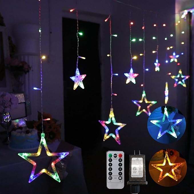 Vigdur Star Curtain String Lights, 12 Stars 138 LEDs Star Window Lights with Remote & 8 Flashing Modes Christmas String Lights for Christmas Wedding Party Home Decorations(8.2FT)