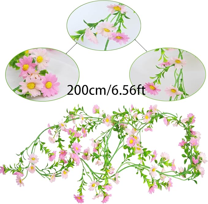 CISDUEO Artificial Daisy Flowers Vine Silk Wildflower Garland Spring Fake Flower Vine Hanging Ivy Light Pink Daisy Flowers Green Leaves for Wall Party Wedding Arch Floral Decor Indoor Outdoor Ceremony