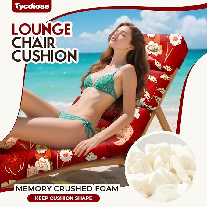 All Weather Chaise Lounge Cushions Outdoor Lounge Chair Cushion, Waterproof Memory Foam Chaise Lounger Chair Cushion for Outdoor Patio Furniture with Non-Slip Back and Ties, Red Floral
