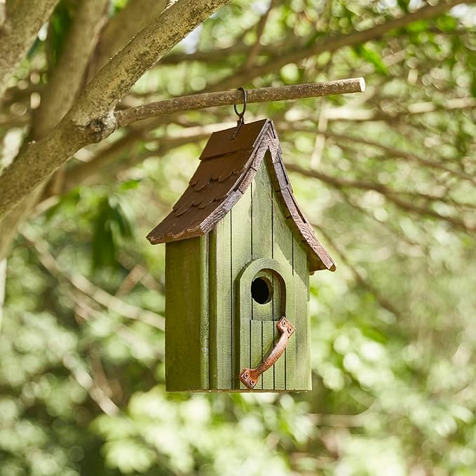 Glitzhome Birdhouses for Outdoors, Hand Painted Garden Hanging Wooden Bird House with Single Roof for Outside, Country Cottages for Bluebird Swallow Sparrow Hummingbird Finch Cardinals Cedar, Green