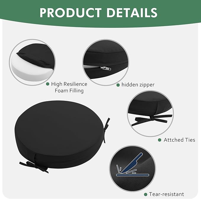 Outdoor Bistro Chair Cushions Set of 2, 15" D x 3" H Round Chair Cushions Waterproof and Fade Resistant Chair Cushion Pads with Non-Slip Ties and Removable Covers for Garden, Black