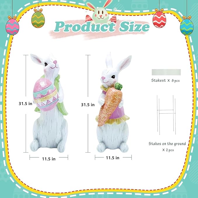 2 PCS Large Easter Decorations Outdoor Easter Yard Signs Easter Yard Decorations with Metal Stakes Bunny Decorations Easter Outdoor Garden Sign Waterproof Lawn Signs for Pathway Walkway