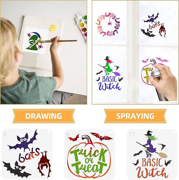 25 Pcs Halloween Stencils Reusable, 6x6 Halloween Stencils for Painting on Wood, Plastic Drawing Spraying Templates for Greeting Cards, Halloween Crafts Ornaments Wall Window Door DIY Decoration