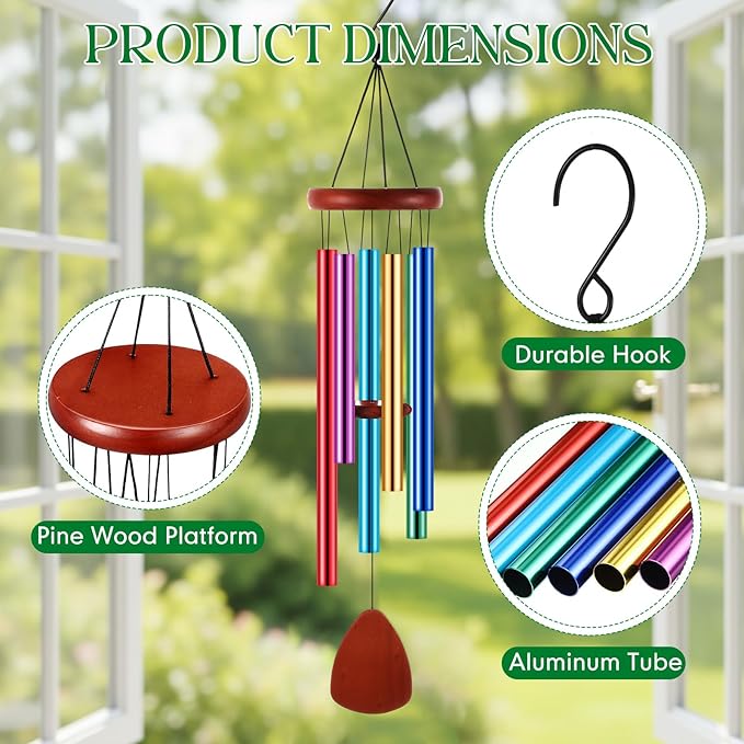 Leinuosen Wind Chimes for Outside Wind Chimes Outdoors Deep Tones 28" with 6 Aluminum Tubes Memorial Sympathy Windchime for Valentine Tree Decor Garden Courtyard Mom Loved One Gifts(Classic,Colorful)