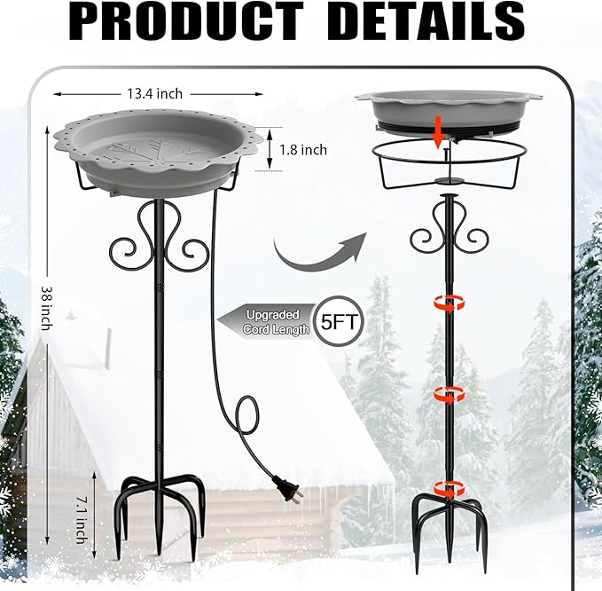 Heated Bird Baths for Outdoors, 100W Heated Birdbath Bowl for Outdoors for Winter with 5-Prong Metal Base Thermostat Control, Heated Bird Bath for Outside Winter Garden Patio Yard Lawn (Gray)