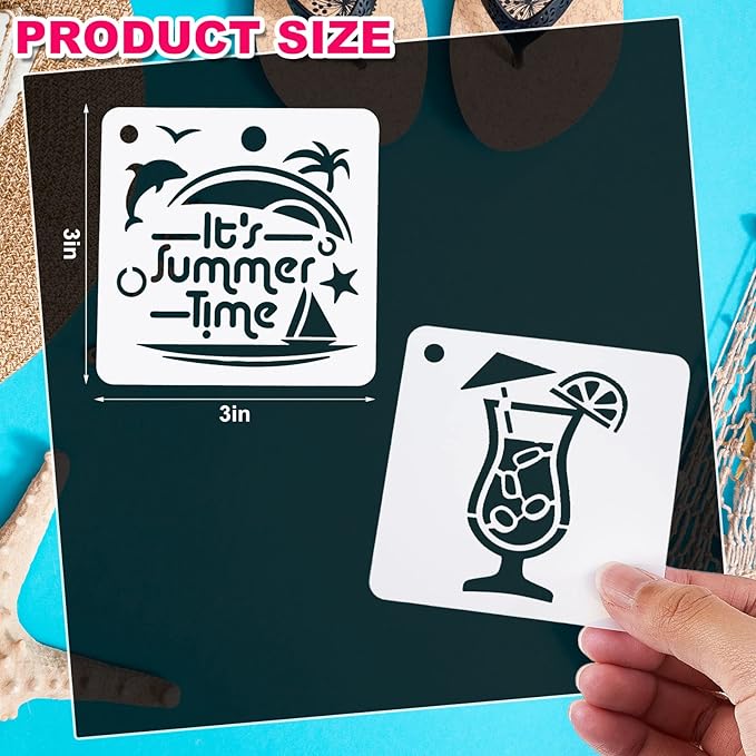80 Pieces 3 x 3 Inch Summer Hawaii Themed Reusable Plastic Art Craft Kits for DIY Painting Art Projects Wood Wall Floor Fabric Furniture Tile Holiday Stencils Decorations Beach Stencils Craft Kits