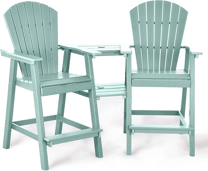 Tall Adirondack Chairs Set of 2, HDPE Balcony Chair with Double Connecting Tray, Weather Resistant Outdoor Adirondack Bar Stools for Patio, Deck, Patio, Backyard, Balcony.(Lake Blue)