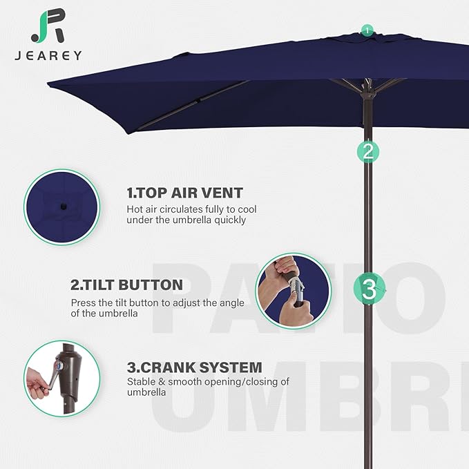 JEAREY 6.5x10 ft Rectangular Patio Umbrellas Outdoor Market Umbrella with Push Button Tilt and Crank, Rectangle Table Umbrellas 6 Sturdy Ribs UV Protection for Pool Garden Backyard Deck, Dark Blue