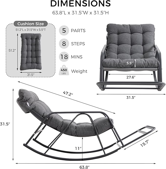 IRONCK Patio Rocking Chair with Armrest and Footrest, Indoor Outdoor Rocking Chair with Cushion, Oversized Lounge Rocker for Garden, Living Room, Balcony, Porch, Gray