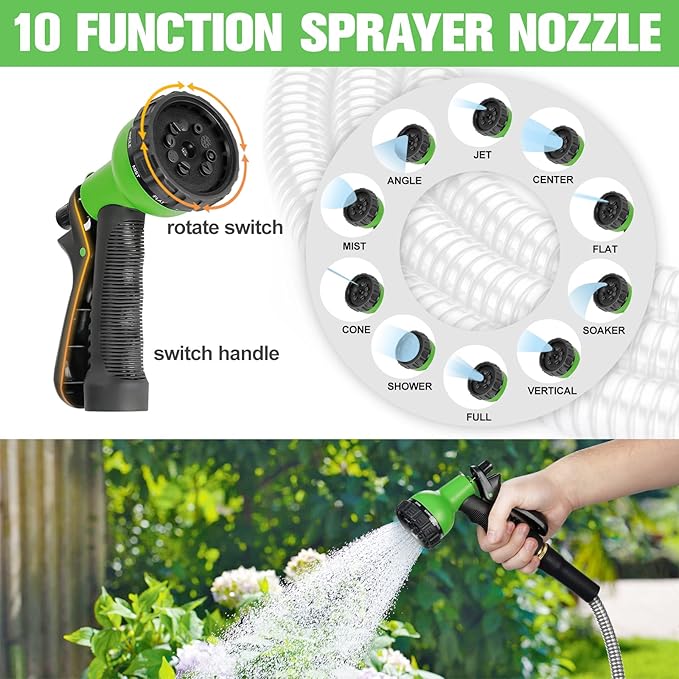 Metal Garden Hose 150ft Stainless Steel Water Hose Super Tough Flexible Water Pipe with 3/4 inch Brass Fittings and Sprayer Nozzle, Kink & Tangle Free, Rust Proof