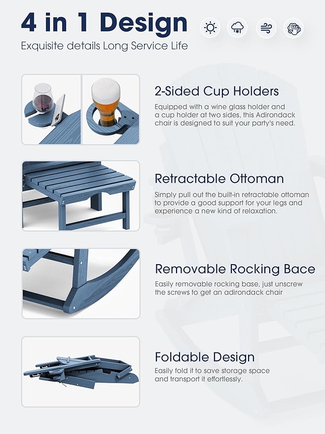 KINGYES Adirondack Rocking Chair Set of 2 with Retractable Ottoman and Cup Holders, HDPE Adirondack Rocker Patio Rocking Chair for Porch, Patio, Balcony, Deep Blue