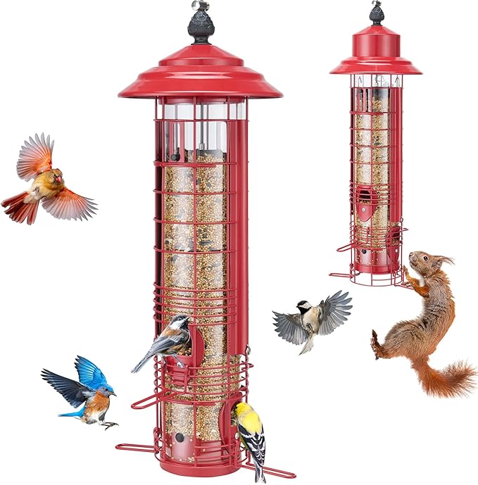Kingsyard Squirrel Proof Bird Feeder for Outside Hanging, Weight-Activated All-Metal Wild Bird Feeders for Cardinal Finch, Detachable Base Easy to Clean, 3 LBS Capacity,Red