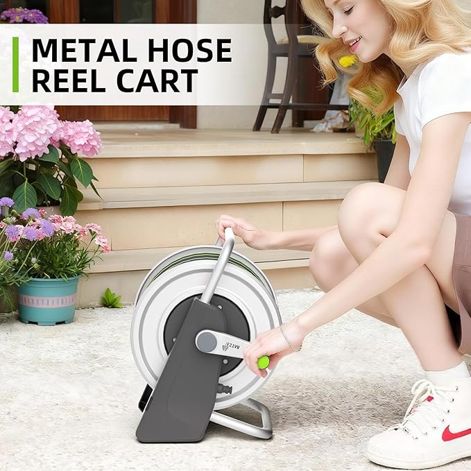 Metal Garden Hose Reel Cart,Hose Holder Up to 50-80 Feet of 5/8" Hose,Wall Mounted Water Hose Reel,Portable Hose Reels for Outside Car Washing, Watering