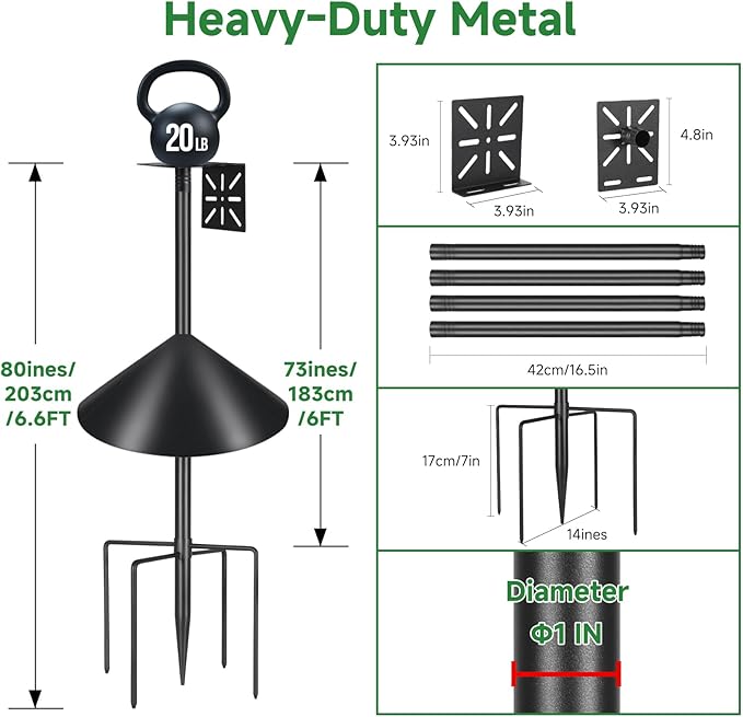 Smart Bird Feeder Pole with Squirrel Baffle & Bath-Heavy Duty Adjustable 3-6.6ft Universal Stand Mount for Backyard&Outdoor Bird Houses/Cameras (80" Pole-Baffle)