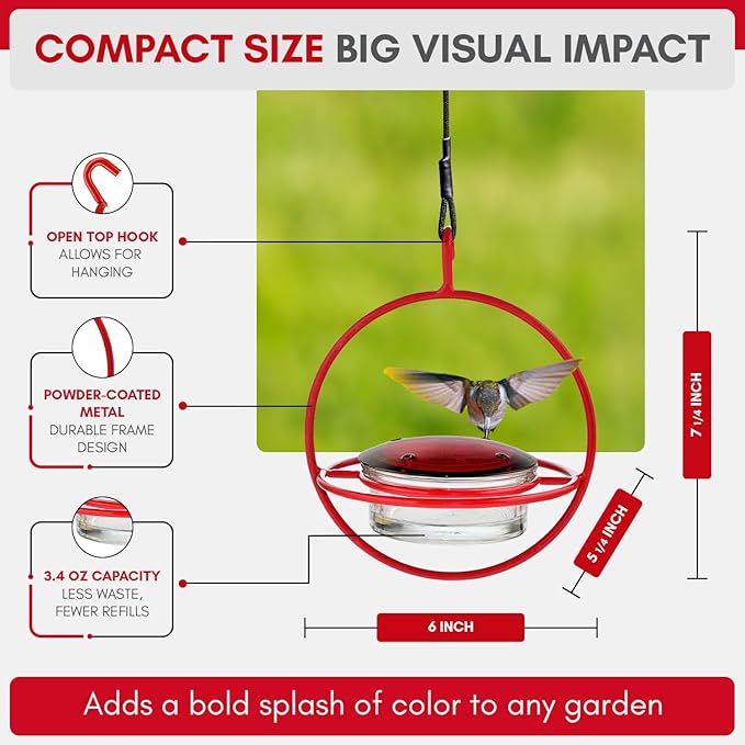 Hummingbird Feeder for Outdoors Hanging, 3.4 OZ Hummingbird Feeders, Glass Bowl with 4 Feeding Ports, Leak Proof Lid & Circular Perch, Bird Feeder (3, Red)