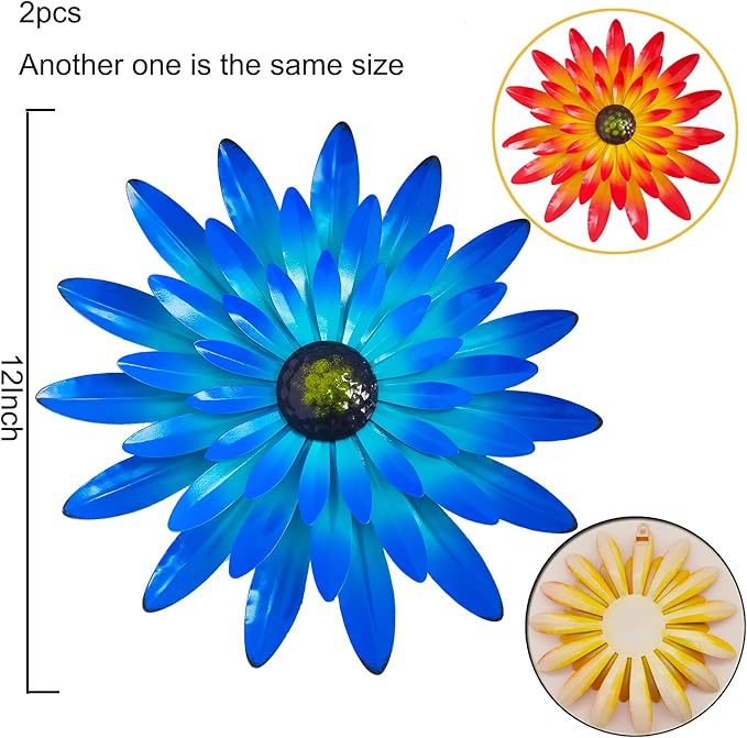 2PCS Metal Flower Wall Decorations - 12 Inch, Orange and Blue, Metal Flower Wall Art Garden Decor Hanging for Indoor and Outdoor