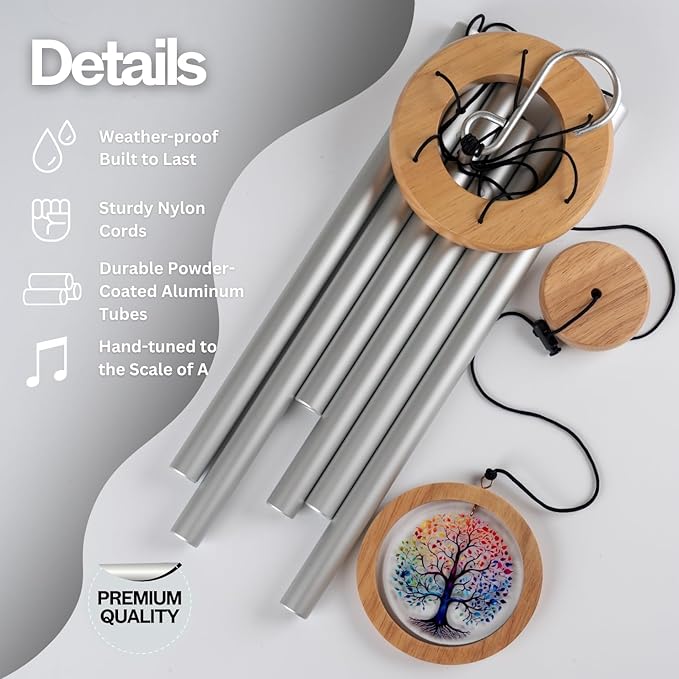 Wind Chimes for Outside, Wind Chimes Outdoor Clearance, Deep Tone Outdoors, Tree of Life Wind Chime, Memorial, Sympathy Gift, Patio, Porch, Home Décor, Modern, Acrylic Art, Silver (34" Tree of Life)