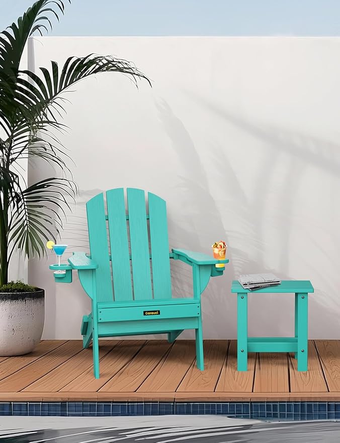 Folding Adirondack Chair, Wooden Textured Plastic Adirondack Chairs with 2 Cup Holder, Weather Resistant HDPE Fire Pit Chair, Outdoor Patio Chairs for Garden, Backyard, Lawn, Deck, 380LBS, Lake Blue