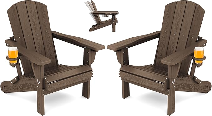 SERWALL Folding Adirondack Chair Set of 2, Adjustable Adirondack Chair with 3 Recline Positions, All Weather HDPE Outdoor Adirondack with Cup Holders, Coffee