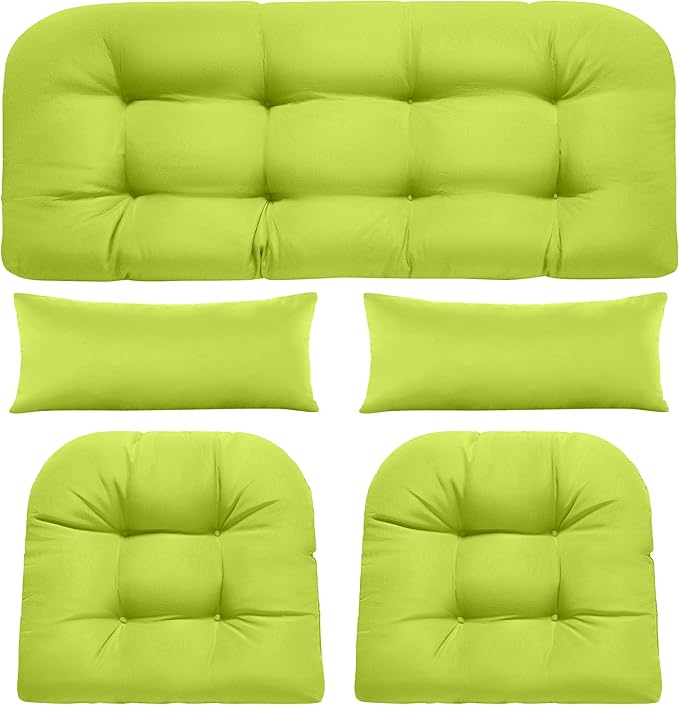 Wicker Chair Cushions of 5 Pieces, Waterproof Outdoor Loveseat Cushion for Wicker Furniture, 1 Love Seat Cushion, 2 U-Shape and 2 Lumbar Pillows for Patio Furniture (Light Green)