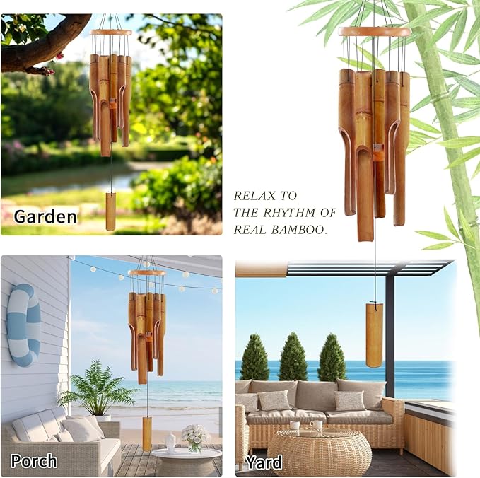 Bamboo Wind Chimes for Outside,Wooden Wind Chimes with Melody Soothing Tone,32" Classic Zen Bamboo Windchime for Porch Patio Garden or Indoor(Dark Brown)(FSC Certified)