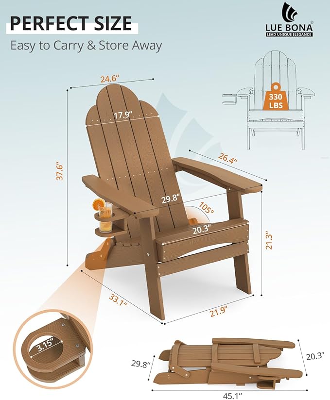 LUE BONA Folding Adirondack Chair, Chairs Set of 2, Cup Holder, Woodgrain, Fire Pit, Patio, Pool, Brown