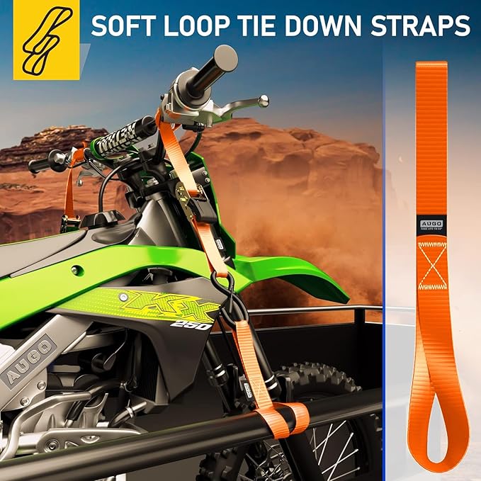 Soft Loop Tie Down Straps - 1,500 Load Capacity & 4,500 Lbs Breaking Strength - 6 Pack - Loops for Securing ATV, UTV, Motorcycles, Scooters, Dirt Bikes, Lawn & Garden Equipment - by AUGO
